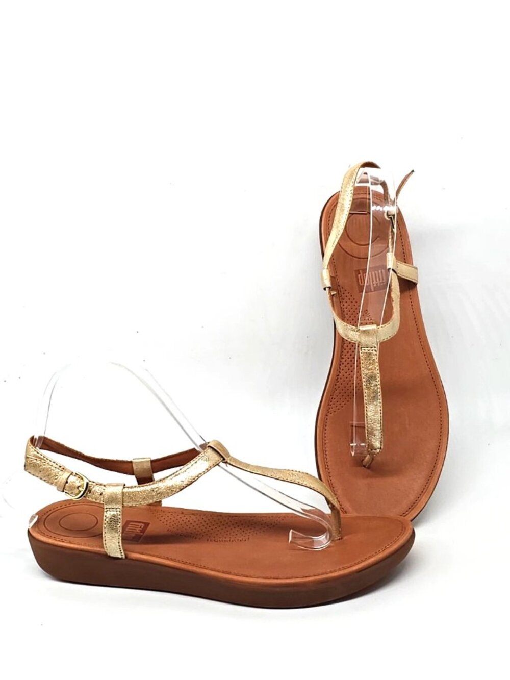 Fitflop Tia Gold Leather T-Strap Ankle Strap Thong Sandals Women's Size 8